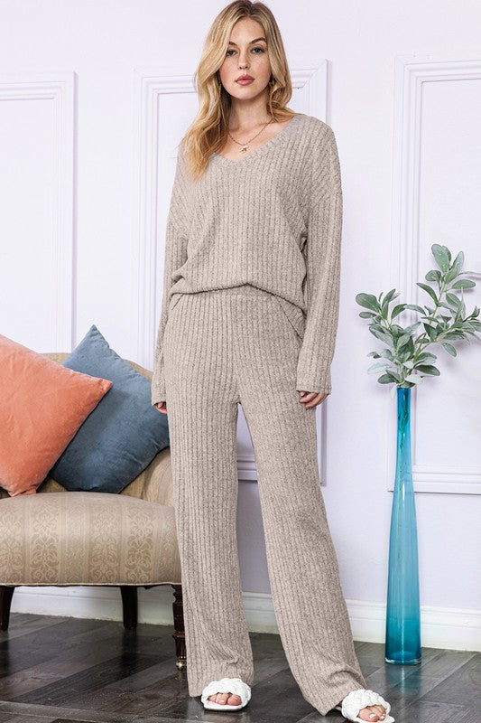 Slouchy Beige ribbed knit loungewear set-Charmful Clothing Boutique