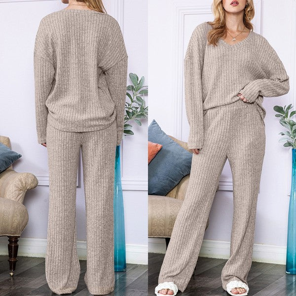 Slouchy Beige ribbed knit loungewear set-Charmful Clothing Boutique