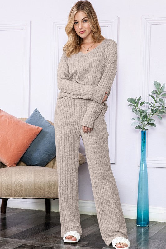 Slouchy Beige ribbed knit loungewear set-Charmful Clothing Boutique