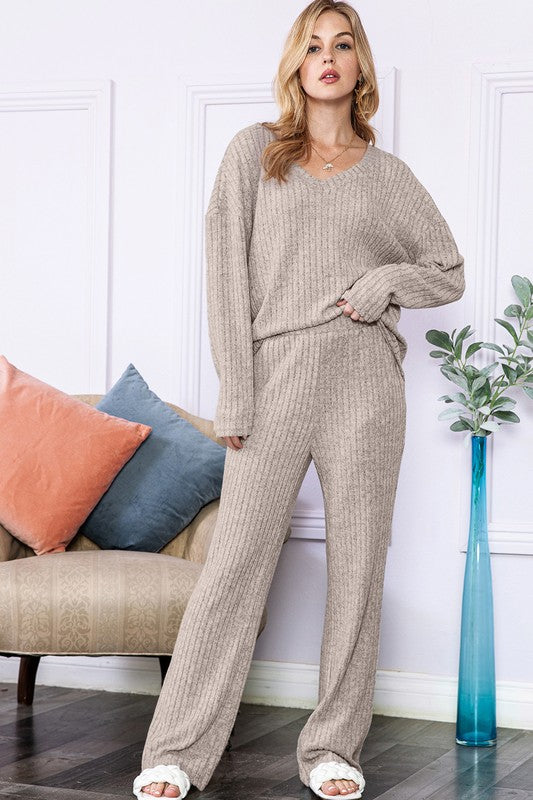 Slouchy Beige ribbed knit loungewear set-Charmful Clothing Boutique