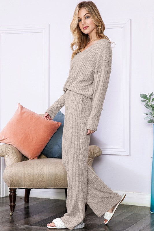 Slouchy Beige ribbed knit loungewear set-Charmful Clothing Boutique