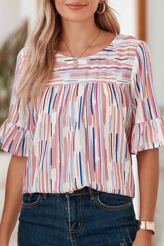 White Water color stripe ruffle half sleeve blouse-Charmful Clothing Boutique