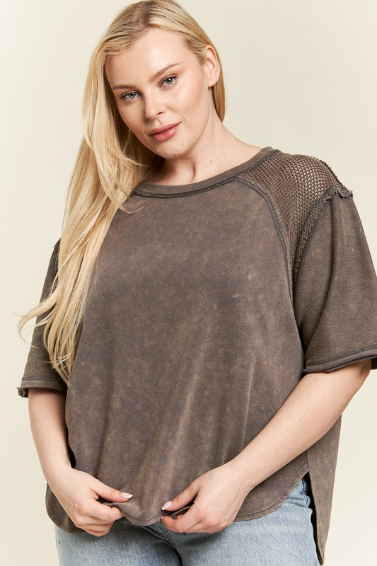 PLUS MINERAL WASHED SHORT SLEEVE FISHNET TOP-Charmful Clothing Boutique