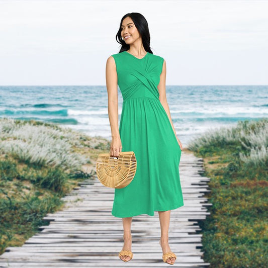 Sleeveless Cross-Over Bodice Midi Dress-Charmful Clothing Boutique