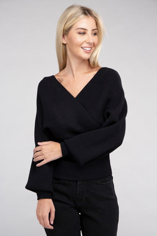 Viscose Cross Wrap Pullover Sweater-Charmful Clothing Boutique