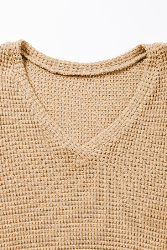 Waffle tulip petal sleeve waffle knit top shirt-Charmful Clothing Boutique
