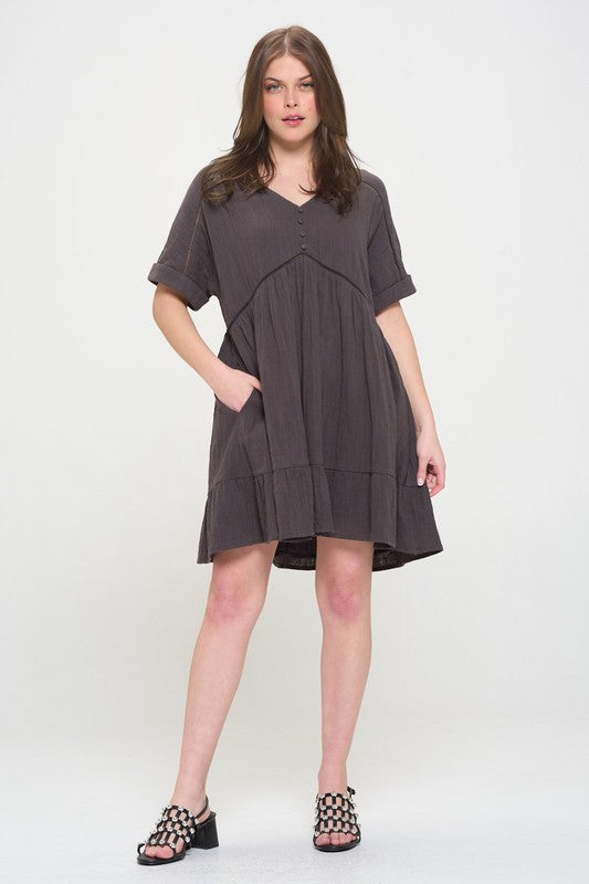 PLUS SIZE SHORT SLV BUTTON DOWN V-NECK SHORT DRESS-Charmful Clothing Boutique