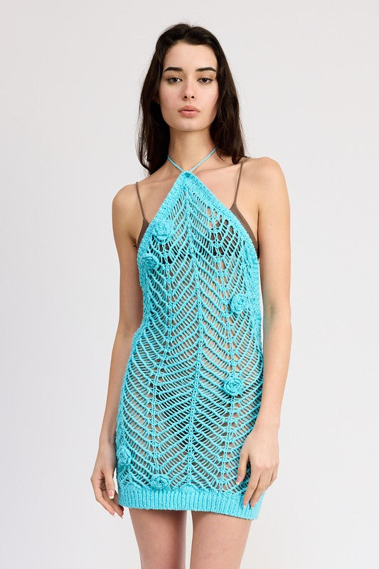HALTER NECK CROCHET DRESS WITH FLOWER DETAIL-Charmful Clothing Boutique