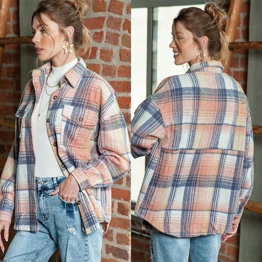 Pink cream plaid checker button shacket shirt-Charmful Clothing Boutique