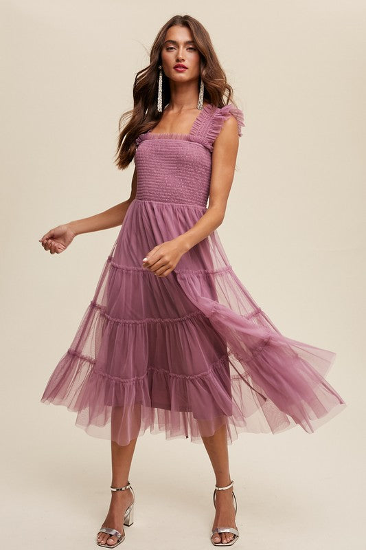 Smocked Ruffle Tiered Mesh Midi Maxi Dress-Charmful Clothing Boutique