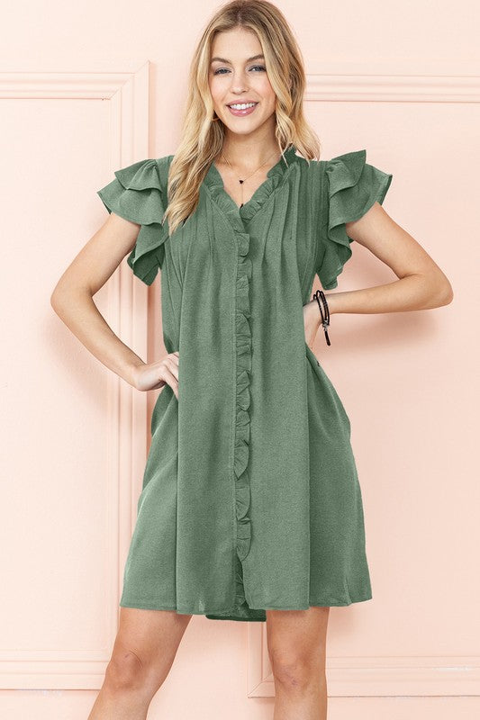 Ruffle Sleeve V neck Green, Black dress w/ pocket-Charmful Clothing Boutique