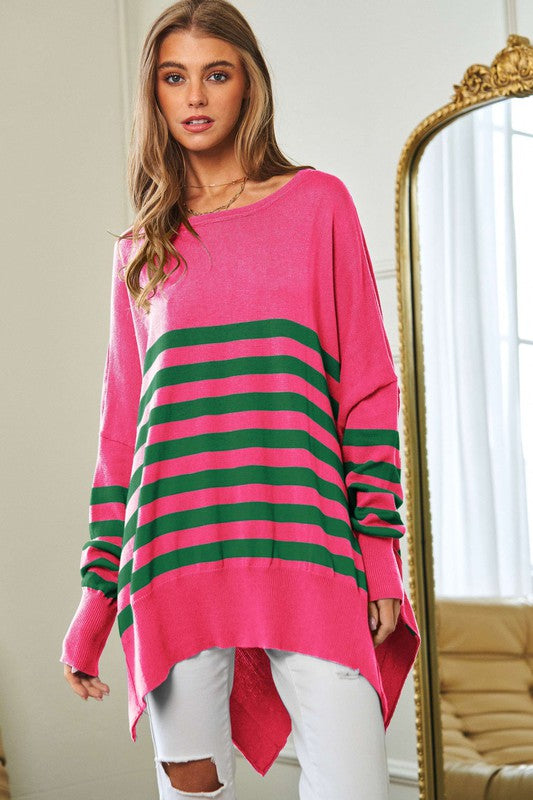 Multi Striped Elbow Patch Loose Fit Sweater Top-Charmful Clothing Boutique