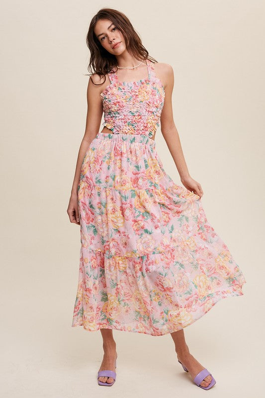 Floral Bubble Textured Two-Piece Style Maxi Dress-Charmful Clothing Boutique