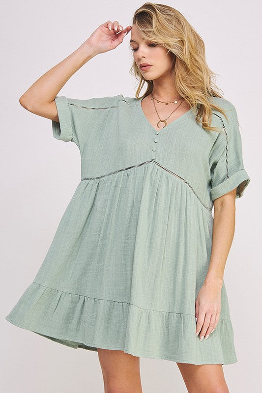 TEXTURED SHORT SLV BUTTON DOWN V-NECK SHORT DRESS-Charmful Clothing Boutique