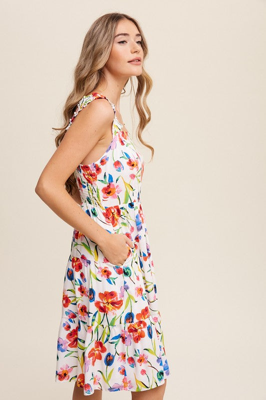 Flower Print Square Neck Dress-Charmful Clothing Boutique