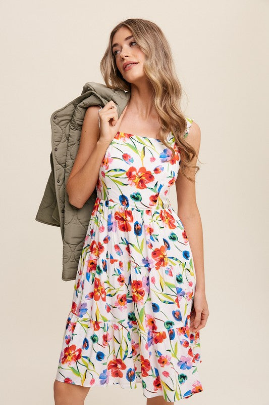 Flower Print Square Neck Dress-Charmful Clothing Boutique