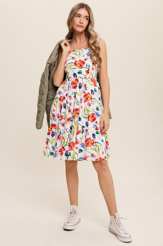 Flower Print Square Neck Dress-Charmful Clothing Boutique