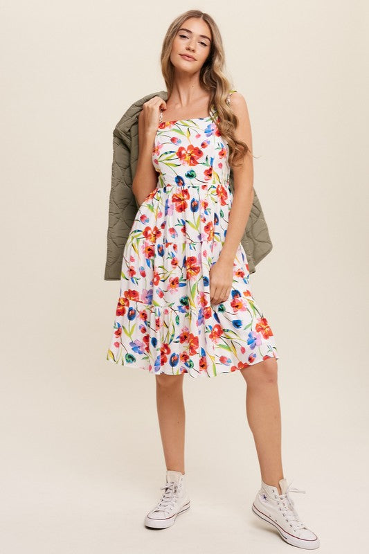 Flower Print Square Neck Dress-Charmful Clothing Boutique