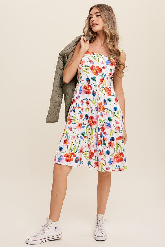 Flower Print Square Neck Dress-Charmful Clothing Boutique