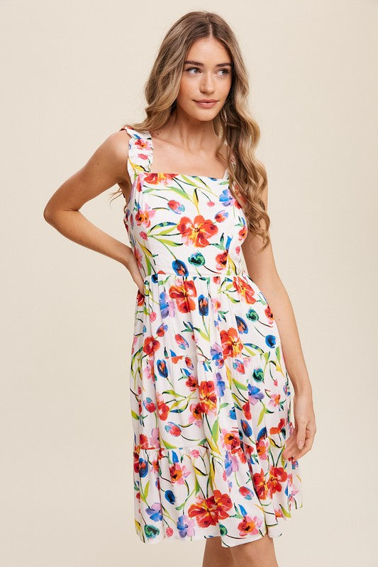 Flower Print Square Neck Dress-Charmful Clothing Boutique