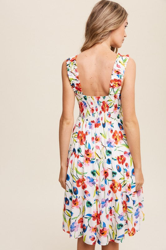 Flower Print Square Neck Dress-Charmful Clothing Boutique