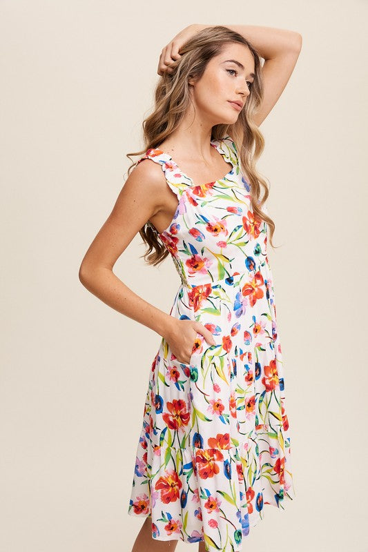 Flower Print Square Neck Dress-Charmful Clothing Boutique