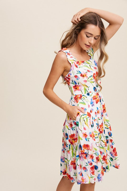 Flower Print Square Neck Dress-Charmful Clothing Boutique