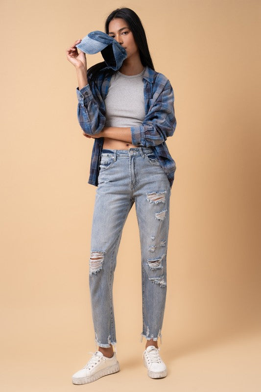 Fray Distressed Girlfriend Jeans-Charmful Clothing Boutique
