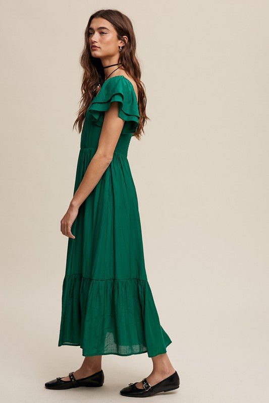 Square Neck Ruffled Short Sleeve Maxi Dress-Charmful Clothing Boutique