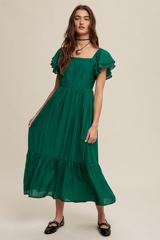 Square Neck Ruffled Short Sleeve Maxi Dress-Charmful Clothing Boutique