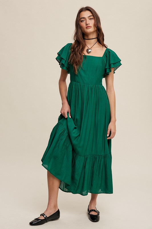 Square Neck Ruffled Short Sleeve Maxi Dress-Charmful Clothing Boutique