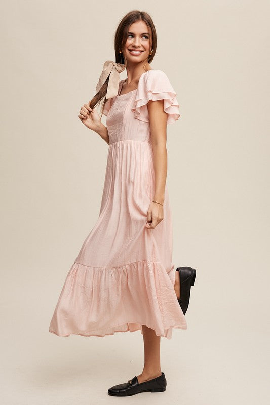 Square Neck Ruffled Short Sleeve Maxi Dress-Charmful Clothing Boutique