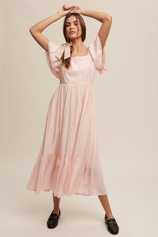 Square Neck Ruffled Short Sleeve Maxi Dress-Charmful Clothing Boutique