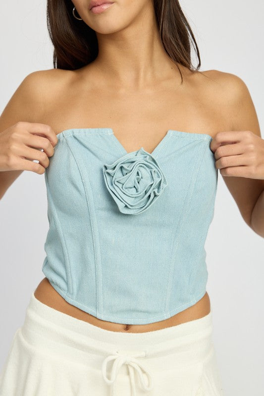 DENIM ROSETTE CORSET TUBE TOP-Charmful Clothing Boutique