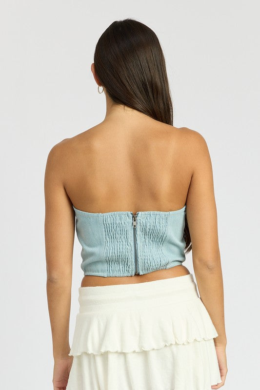 DENIM ROSETTE CORSET TUBE TOP-Charmful Clothing Boutique