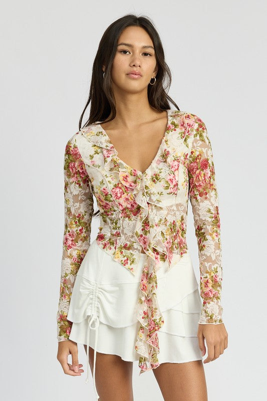 FLORAL PRINT BLOUSE WITH RUFFLE DETAIL-Charmful Clothing Boutique