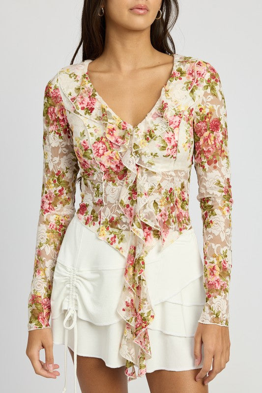 FLORAL PRINT BLOUSE WITH RUFFLE DETAIL-Charmful Clothing Boutique