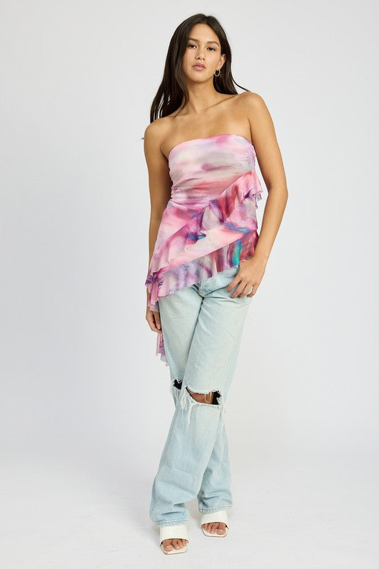 ASYMMETRICAL RUFFLE HEM TUBE TOP-Charmful Clothing Boutique