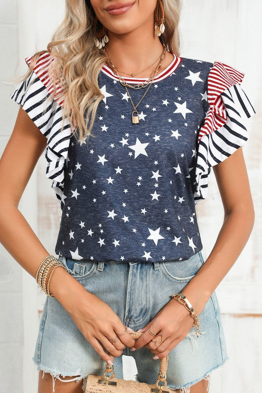 Flag Stripe Ruffle Sleeve Star Shirt USA-Charmful Clothing Boutique