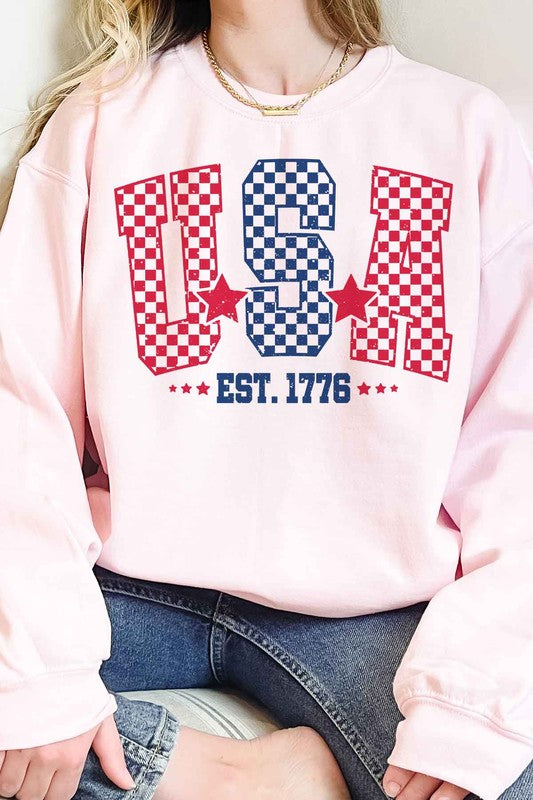 USA CHECKER OVERSIZED GRAPHIC SWEATSHIRT-Charmful Clothing Boutique