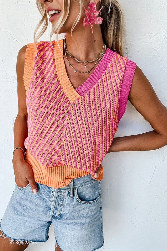 Women Contrast Chevron Knit V Neck Sweater Vest-Charmful Clothing Boutique