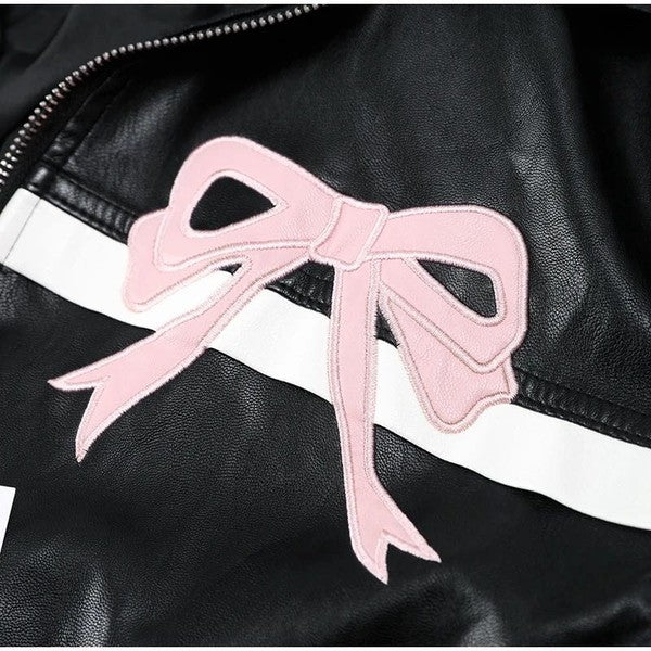 Faux leather bow biker jacket-Charmful Clothing Boutique