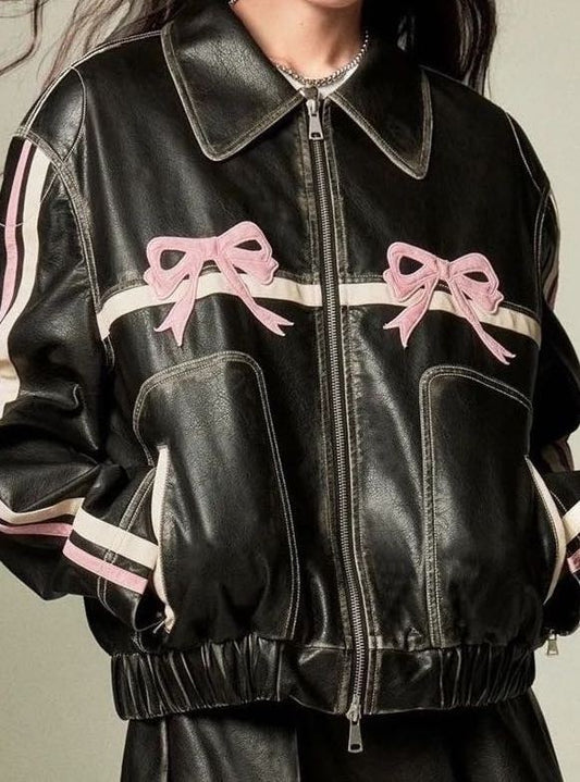 Faux leather bow biker jacket-Charmful Clothing Boutique