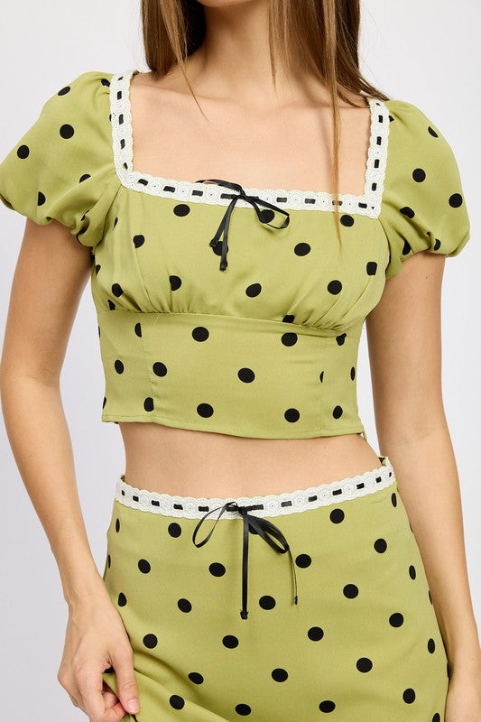 POLKA DOT TOP WITH LACE TRIM-Charmful Clothing Boutique