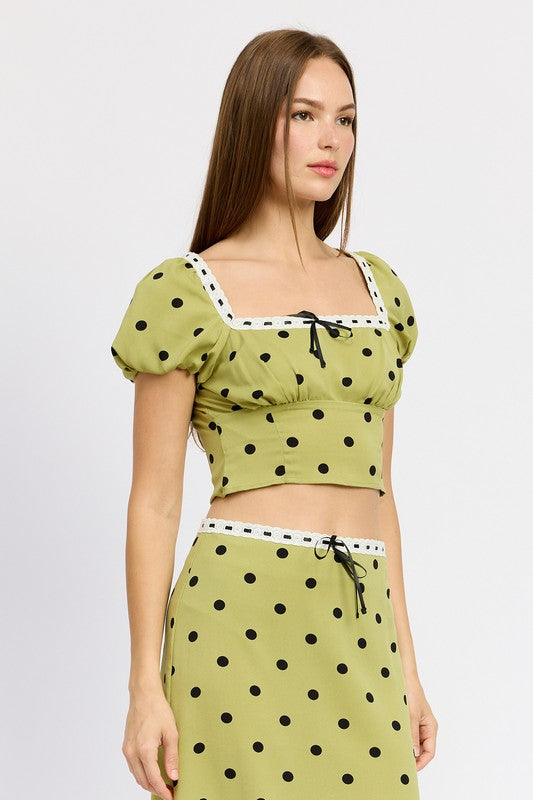 POLKA DOT TOP WITH LACE TRIM-Charmful Clothing Boutique