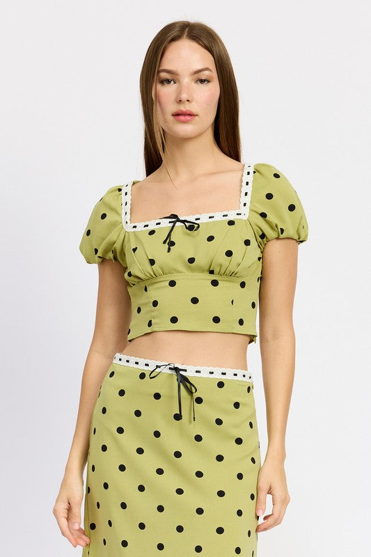 POLKA DOT TOP WITH LACE TRIM-Charmful Clothing Boutique