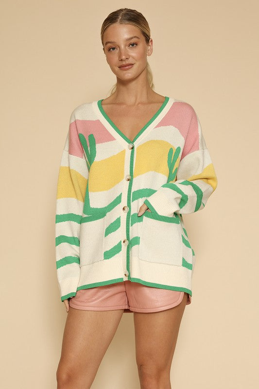 Wavy stripe cactus knit cardigan-Charmful Clothing Boutique