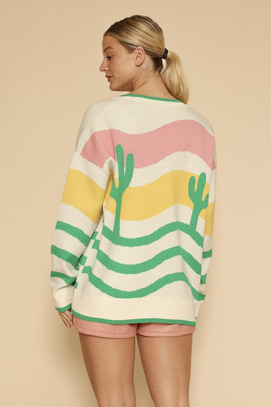 Wavy stripe cactus knit cardigan-Charmful Clothing Boutique