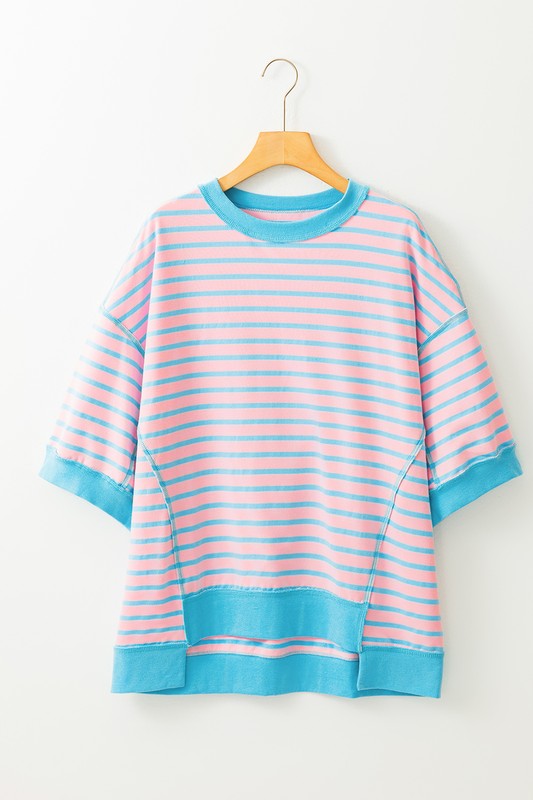 Pink Mint Stripe Color Block Oversized T Shirt Top-Charmful Clothing Boutique