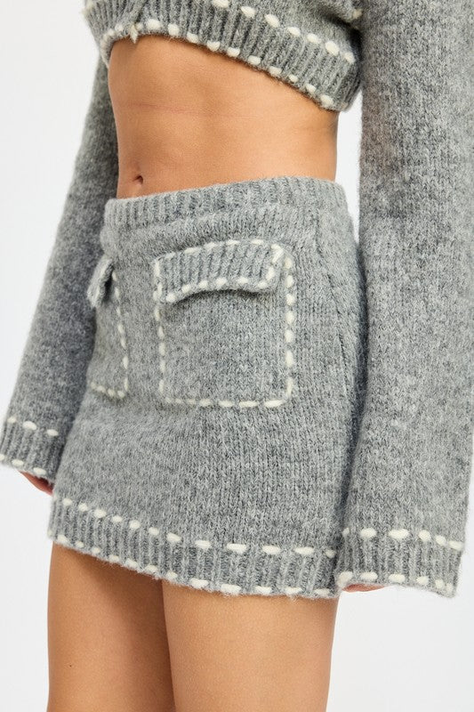 KNIT MINI SKIRT WITH CONTRASTED STITCHING-Charmful Clothing Boutique